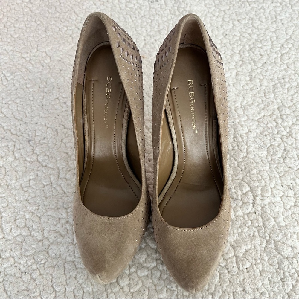 BCBGeneration Tan Suede Studded Heels